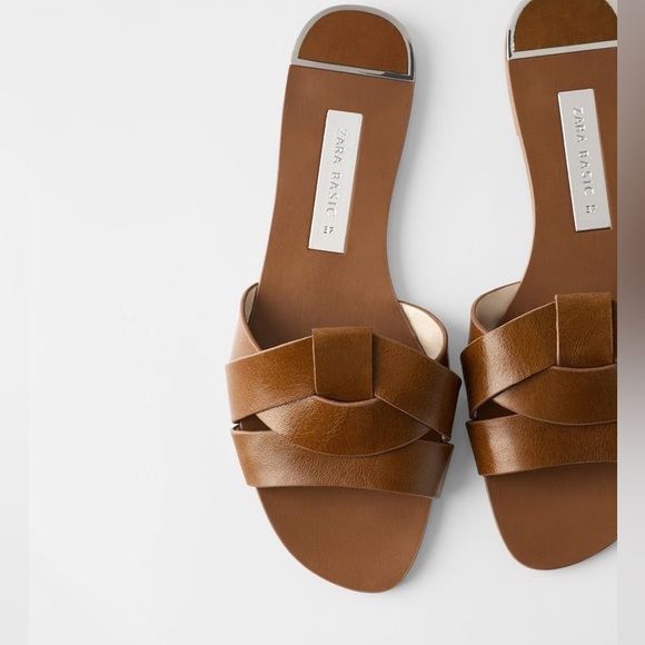 Zara size 40 brown cognac chestnut faux leather slides sandals - Picture 5 of 9